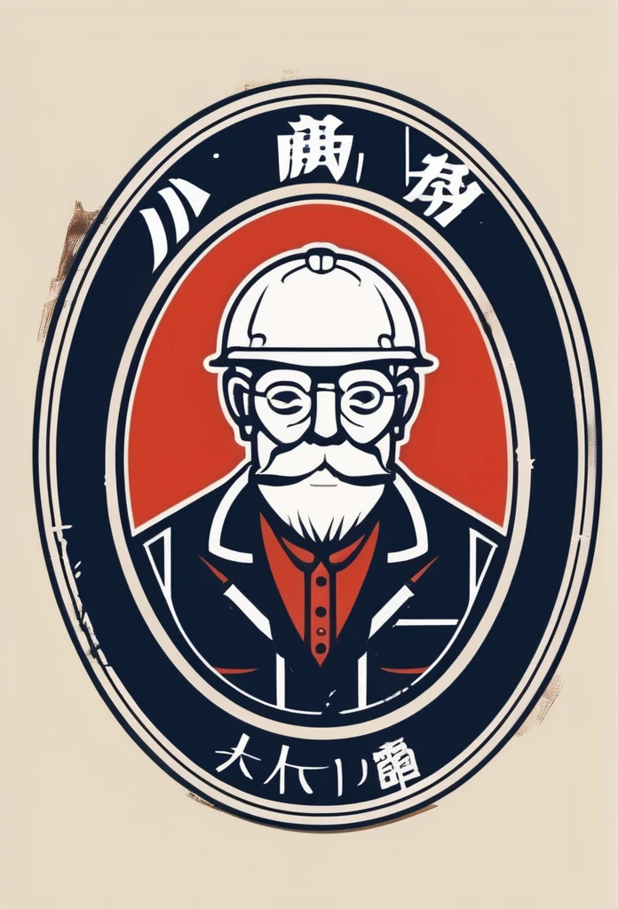 A logo for a Japanese electrical factory. A good old logo that reminds us of the 1900s. The logo features an old man from that time working hard at a factory with a wrench or something. It's a pretty cool, chic, and modern design. The background is white.