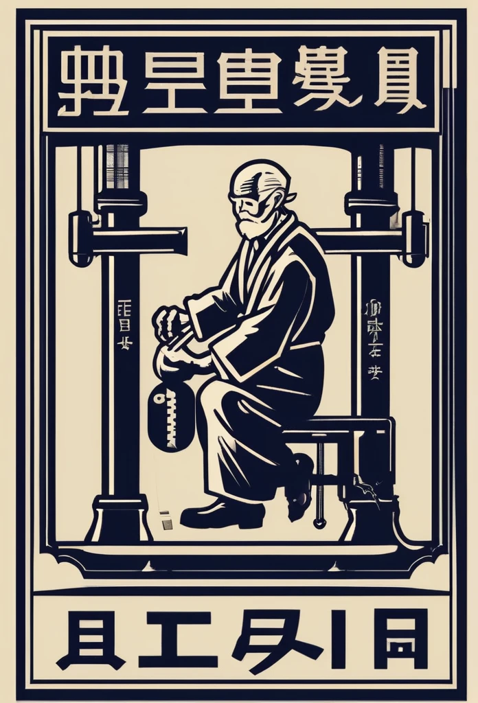 A logo for a Japanese electrical factory. A good old logo that reminds us of the 1900s. The logo features an old man from that time working hard at a factory with a wrench or something. It's a pretty cool, chic, and modern design. The background is white.
