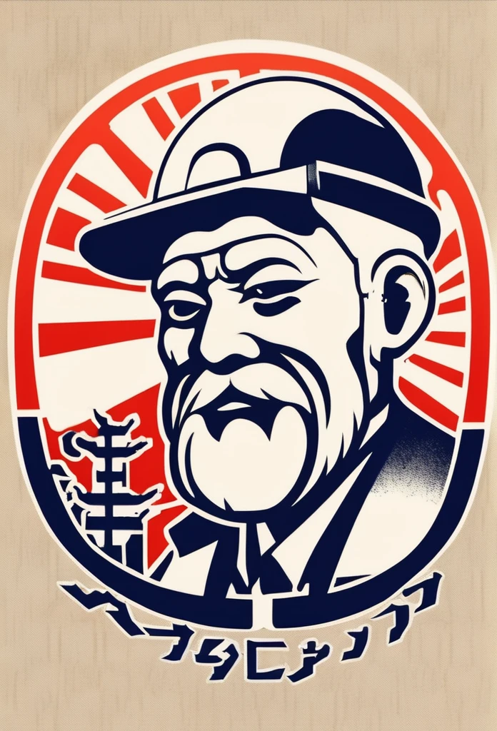 A logo for a Japanese electrical factory. A good old logo that reminds us of the 1900s. The logo features an old man from that time working hard at a factory with a wrench or something. It&#39;s a pretty cool, chic, and modern design. The background is white.