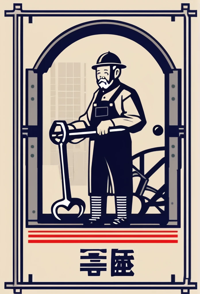 A logo for a Japanese electrical factory. A good old logo that reminds us of the 1900s. The logo features an old man from that time working hard at a factory with a wrench or something. It's a pretty cool, chic, and modern design. The background is white.
