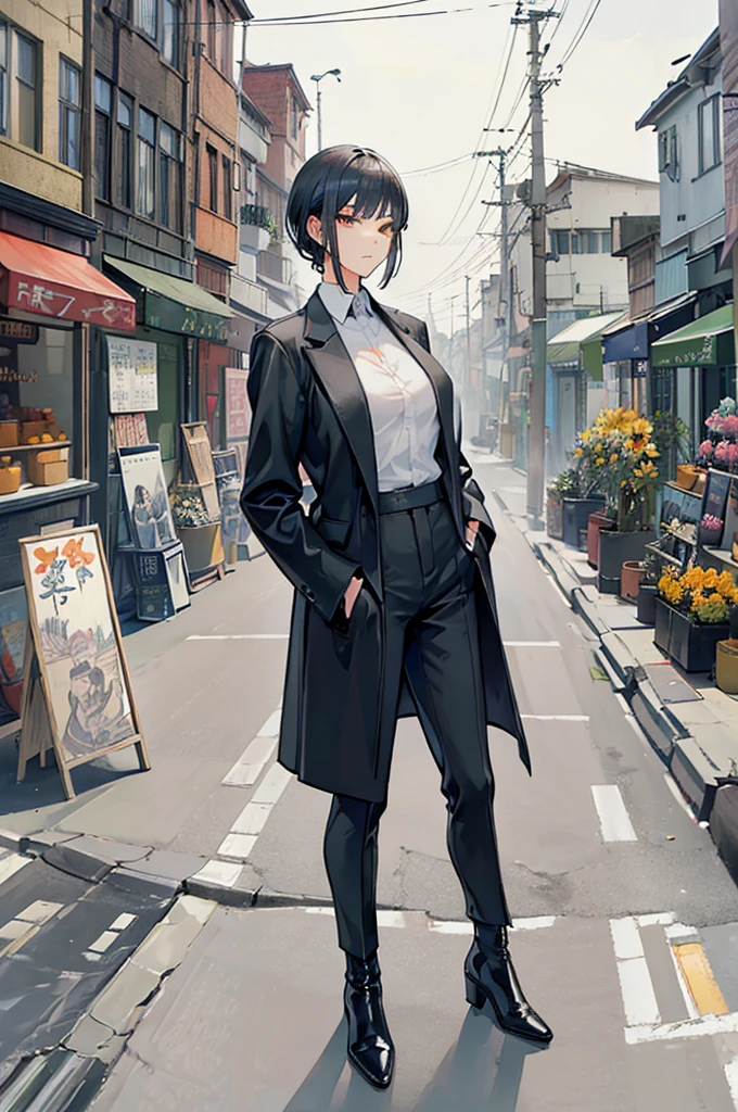 ((Work of art)), ((Masterpiece)), 4K, detailed face, woman, Asian, short black hair, orange irises, wears open black suit, black pants, boots, black gloves, hands in pockets, look seriously, looking at the viewer, yakuza scene.
