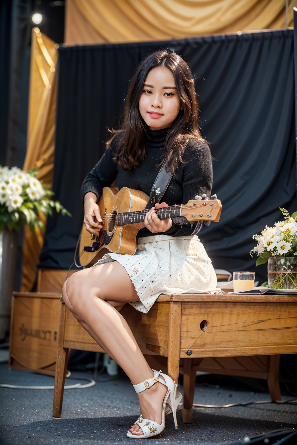 masterpiece, best quality, ultra detailed, high resolution, 1 girl, ((pretty lady MoonLay)), Burmese girl, ((pretty lady MoonLay's seductive sweet face with sweet smile:1.2)), ((playing guitar:1.5)), ((singing with confident)), electric guitar, ((stage background:1.5)), golden hour setting, 8k, (black sweater turtleneck tight blouse), ((many white flowers pattern printed on black mini tight skirt:1.2)), (sitting and elegantly cross-legged:1.2), (stiletto high heel), ((full body view:1.5)), ((blur background with star shaped bokeh effect to highlight portrait better)), (vibrant HDR lighting),