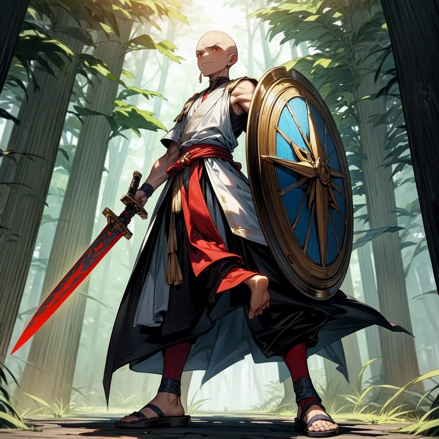 1boy, Full body version, red eyes, dark skins, angry eyes, bald hairstyle, angry expression, ancient Greek clothing, ancient Greek sandals, spatha sword in hand, small shield, wood armor vest, Grassroots background in forest