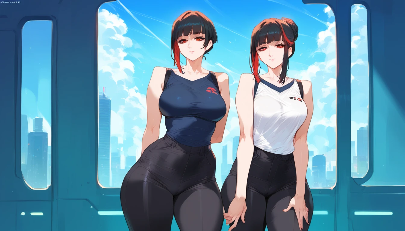 mixed_artstyle, 1 girl, Alone, hands, Asian, short black sleeveless t-shirt, black pants, short black hair with red highlights, red eyes, High quality images, curves visible, standing, cinematic, cyberpunk background