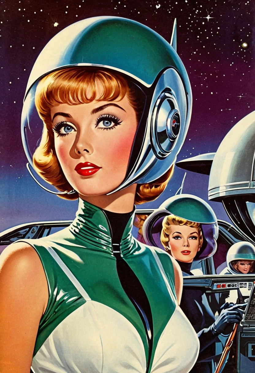 Retro futuristic, ((retro futurism)), ((Science fiction)), 1950s, (((1960s))), 1970s, (alien women),