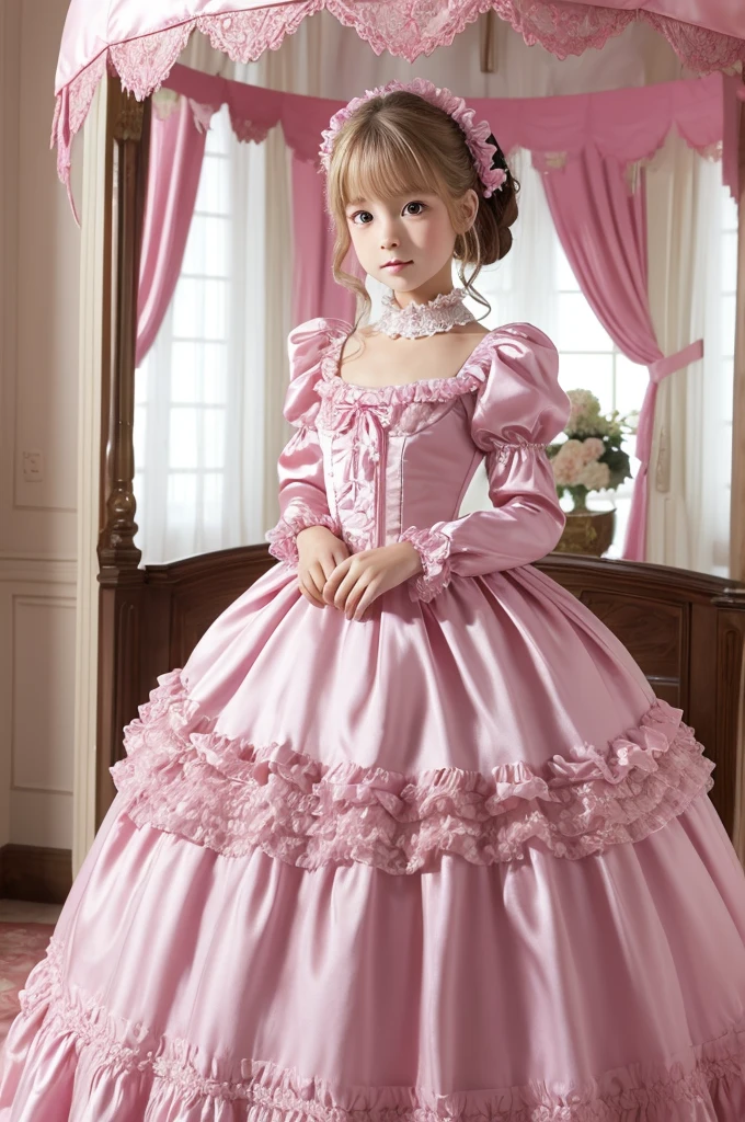 highest quality, masterpiece, highest resolution, artwork, super それにget used to it, many get used to it, get used to it, それにget used to it, 3k realistic pictures,,((10 year old s)),Ultra-detailed juvenile face,ultra-detailed beautiful little girl princess,full length ball gown dress with hoop skirt,ruffled yoke collar,puff sleeves,long sleeve,((Lolita style hot pink iled princess satin dress with lots of ruffles and ribbons)),Rococo style lolita fashion,shiny satinss,Soft and smooth fabric,detailed princess dress,luxury,long blonde hair,blue eyes,white skin european,Pajama,((in the bedroom of the palace)),luxury princess canopy king size pink bed,shiny satin sheets,ultra-detailed princess bed,High-quality background,lot of frilled pillows,on the bed,
