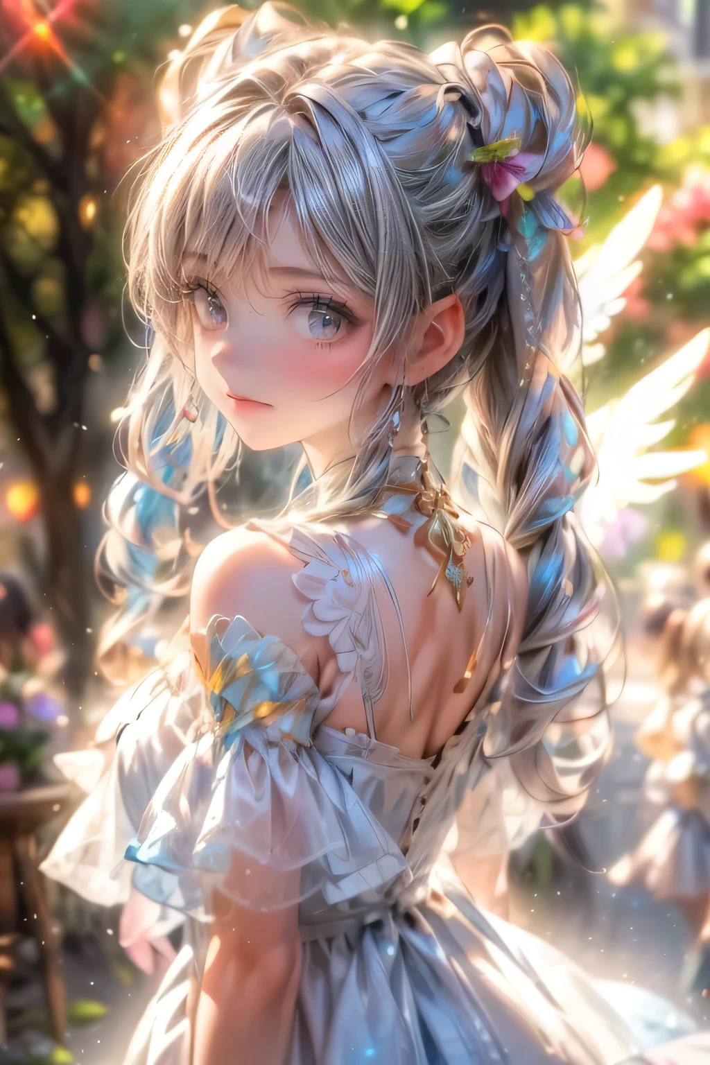 a cute angelic female, [soft fluffy braided hair], ribbons, (((twin tails))), summer-like, [bright colored tiered dress], [subtle skin exposure], shopping, light smile, (best quality,4k,8k,highres,masterpiece:1.2),ultra-detailed,(realistic,photorealistic,photo-realistic:1.37),HDR,UHD,studio lighting,ultra-fine painting,sharp focus,physically-based rendering,extreme detail description,professional,vivid colors,bokeh,portraits,