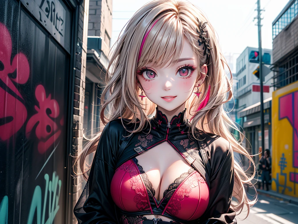 (​masterpiece),(top-quality:1.2),(perfect anatomy),(1 girl),beautiful detailed red eyes,pink mesh hair,((latest trend clothes)),Street fashion,colorful oversize clothes,cute costumes,(Highly detailed elegant), Detailed skin,Add a dramatic and symbolic element to your scene, Silky to the touch,There is a mysterious and fascinating atmosphere,Through delicate lines and gorgeous colors,Make her beauty more vivid,Captivating smile,graffiti wall,street art,girl standing against graffiti wall