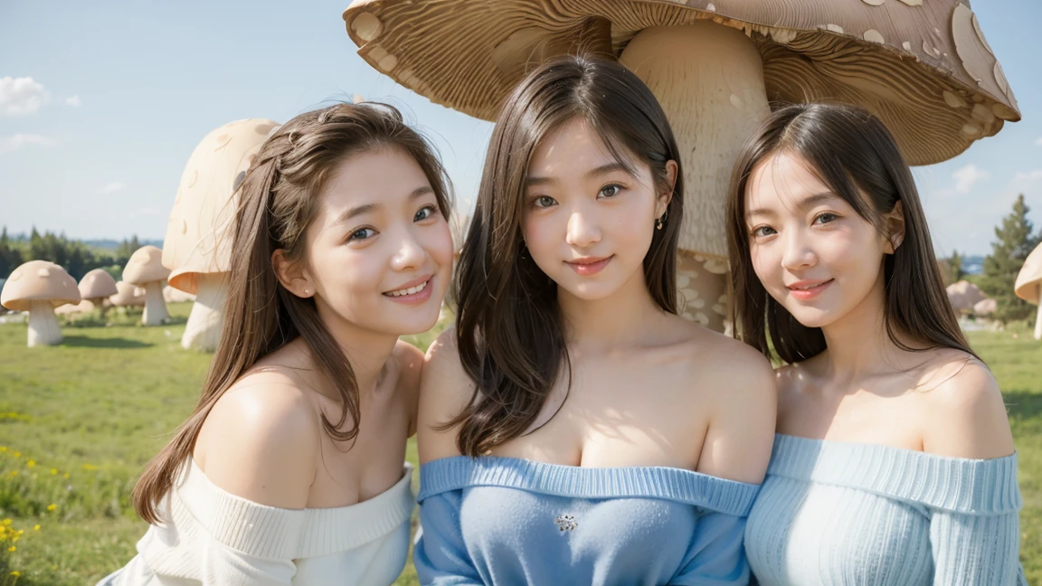 (3 girls), Young faceอินโดนีเซีย, ,smile,Silver hair, white skin, Round breast, blue eyes,(( Strapless sweater))Masterpiece, Highest quality, 8K, beautiful girl, Young face、 photography, Cute face, thigh,In the meadow,(giant mushroom:1.4) Embarrassing、รอยsmile、((((((อายุ 12 yearsmall waist、 ((Busty breasts)),   