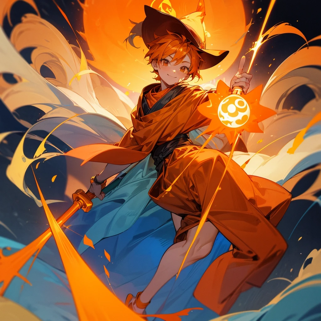 Create a 10 year old boy named Sun who has an orange wizard hat an orange cloak a very cute smile a very cute young face and a sun god staff who has the power to completely dominate fire and has an orange greavat and showing fingers crossed while having a blast behind