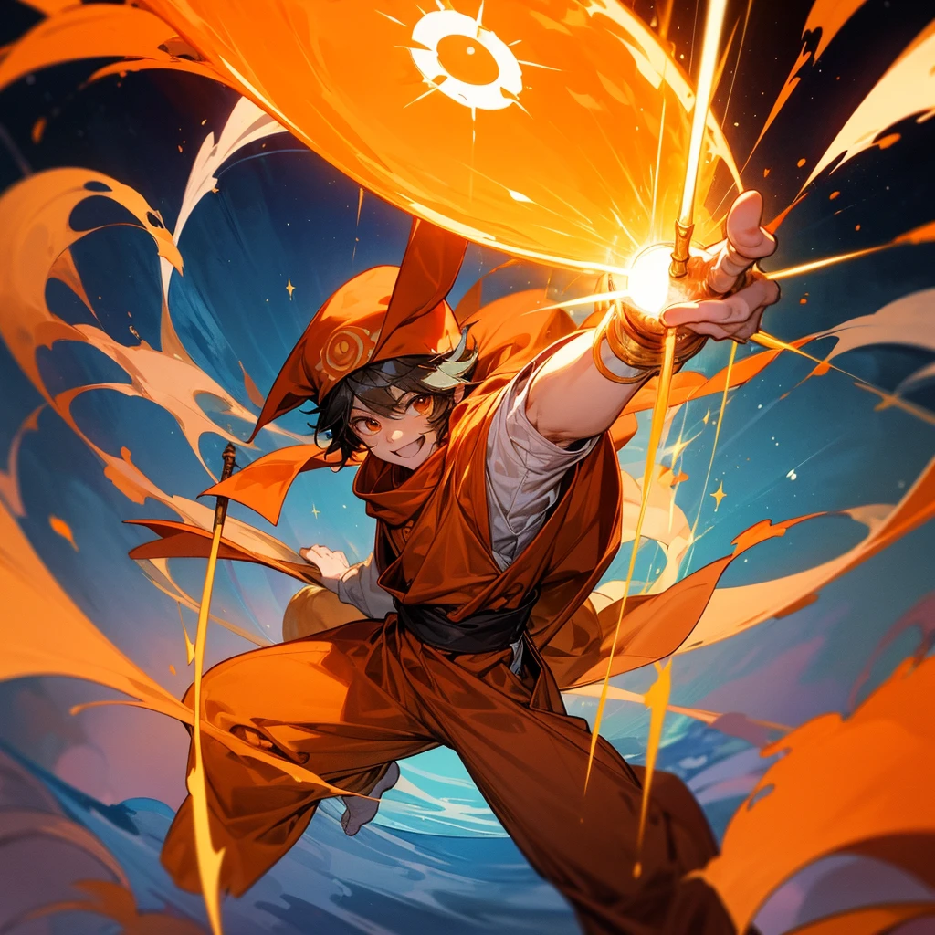 Create a 10 year old boy named Sun who has an orange wizard hat an orange cloak a very cute smile a very cute young face and a sun god staff who has the power to completely dominate fire and has an orange greavat and showing fingers crossed while having a blast behind