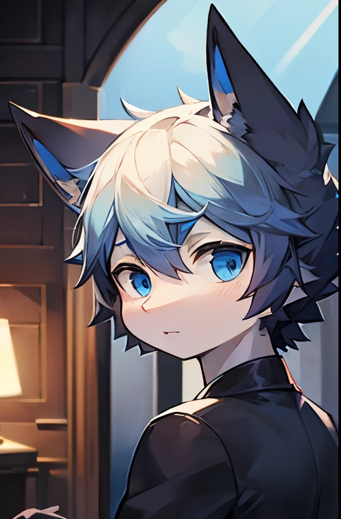 Best quality,high detail,masterpiece,1 man,dark blue short hair,blue eyes, black top, shark beast,young