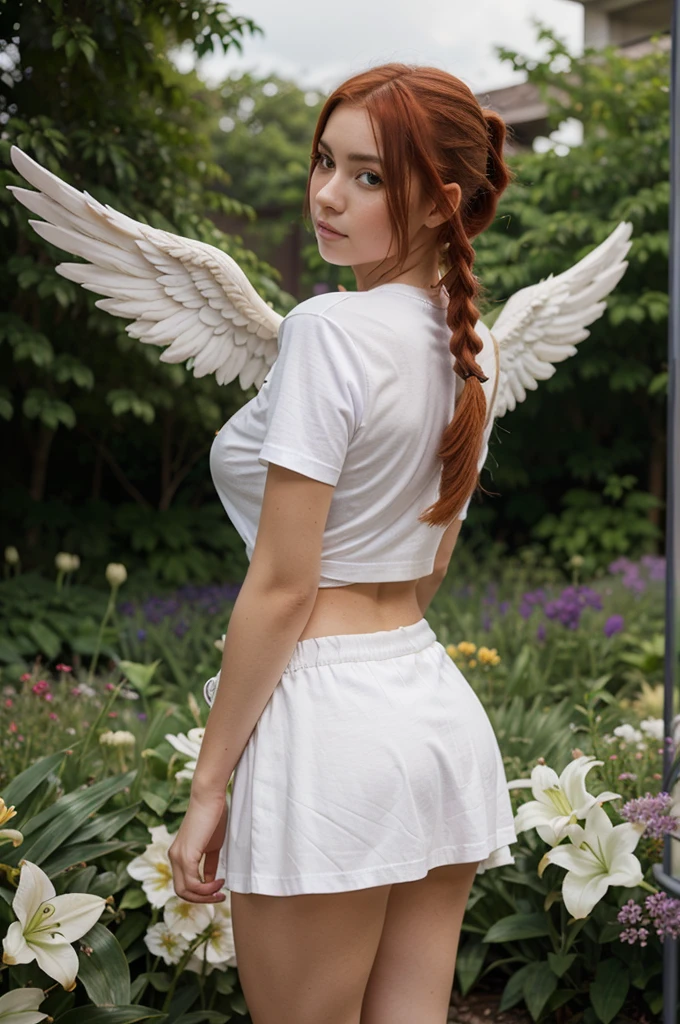 1 girl with red hair in a pigtail, facing the front of the screen, hair with many flowers, white skin, big breasts, big butt, purple short skirt and t-shirt, with angel wings, background Lily garden, standing and posing