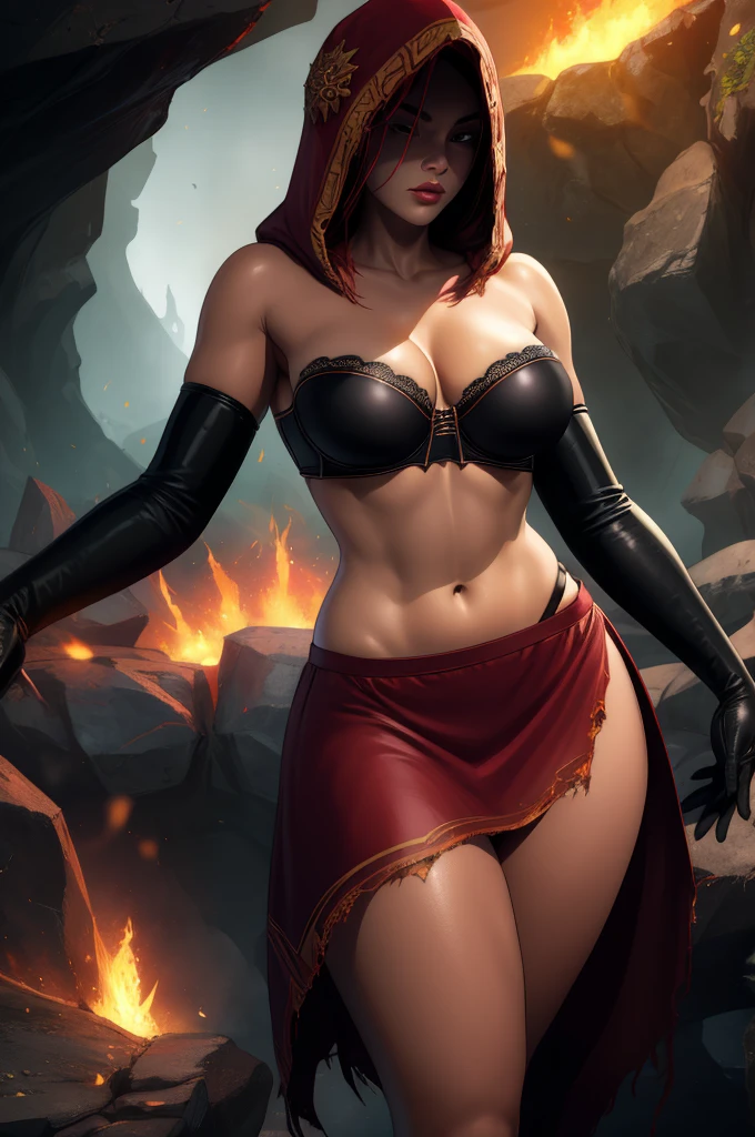 Dsorceress, shadowy face,dark cave, fire, hood, shadowed face, strapless bra, slim and athletic body, miniskirt, no panty, elbow gloves, dark skin, 1 girl (insanely detailed, masterpiece, best quality)