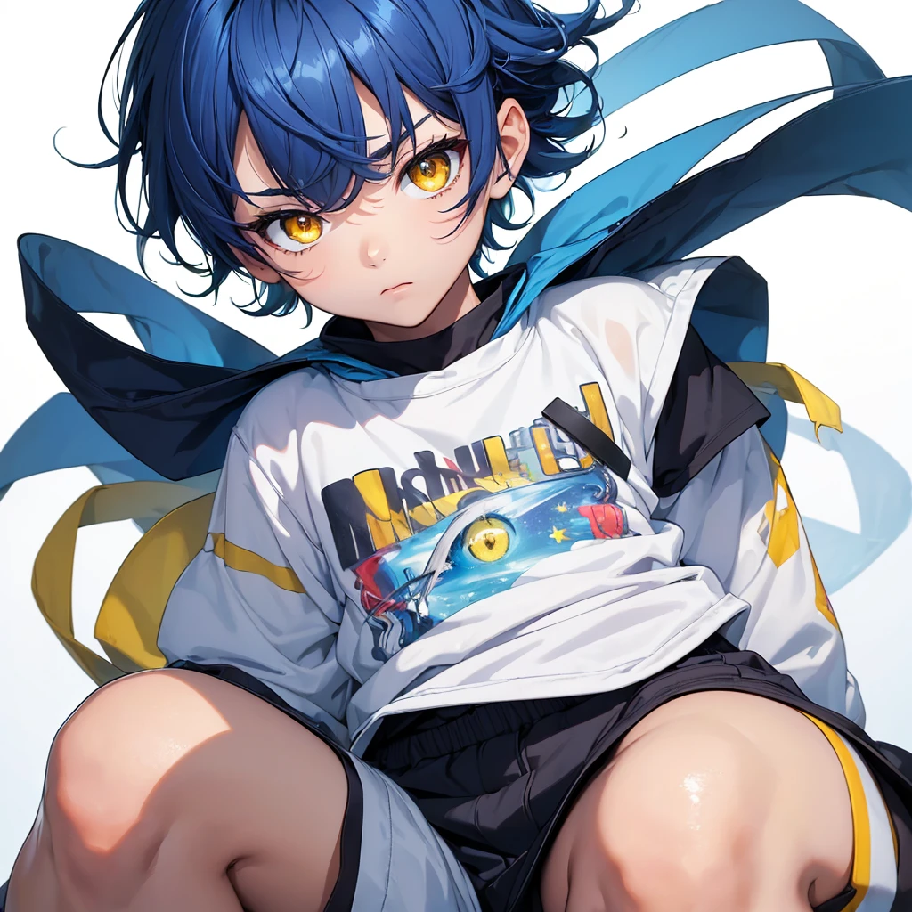 [(WHITE BACKGROUND:1.5),::5], ((((masterpiece)))), high quality, very_high_resolution, large_filesize, full color, ((younger boy)), 13 old year, short deepblue hair, vivid color, ((yellow eye)), civilian clothes white, anime, Below the knee to upper body, (SUMMER GALAXY EFFECT)