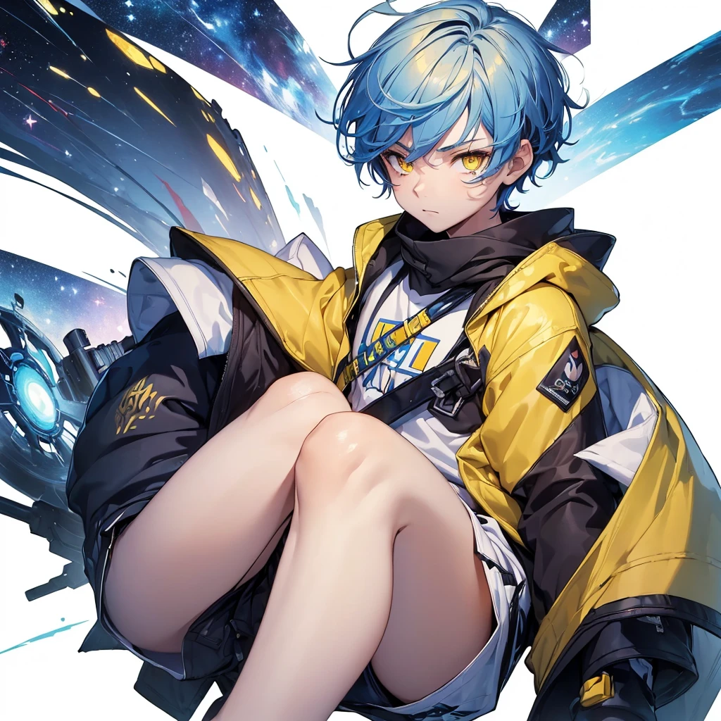 [(WHITE BACKGROUND:1.5),::5], ((((masterpiece)))), high quality, very_high_resolution, large_filesize, full color, ((younger boy)), 13 old year, short deepblue hair, vivid color, ((yellow eye)), civilian clothes white, anime, Below the knee to upper body, (SUMMER GALAXY EFFECT)