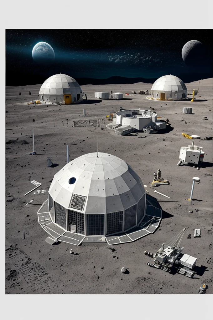 Make me a drawing of a lunar base with domes, rooms and astronauts carrying out construction and maintenance activities.