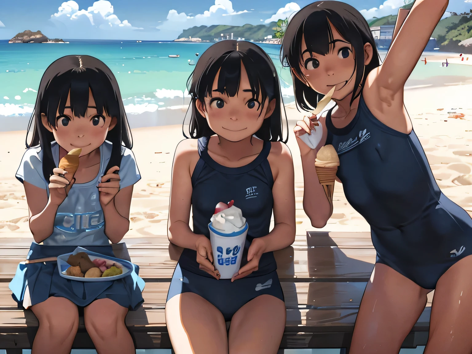 Three Girls、、Ocean、Sandy Beach、Summer sun、School Swimsuit、thin、Detailed face、Detailed Hair、Transparent muscle、If you look at this、Systemic composition、Shooting from below、Eating ice cream、the ice cream is melting、Ice cream dripping,smile