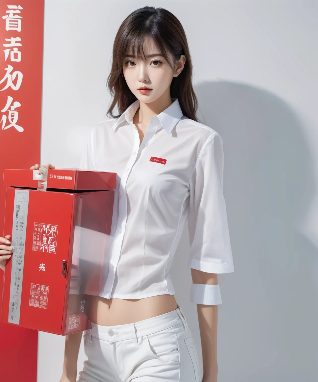A man in a white shirt、arafed picture of a woman with a red box hanging on her chest, Transparent, Full body 1 / 6 Erpingnu, Sorayama Moto (hajime sorayama) Design Girl, 半Transparent, cardboard cutout, Girl image, Soft light hazy Yoshitaka Amano, Kago Shintaro, Full body illustration，Normal body shape，Natural movements