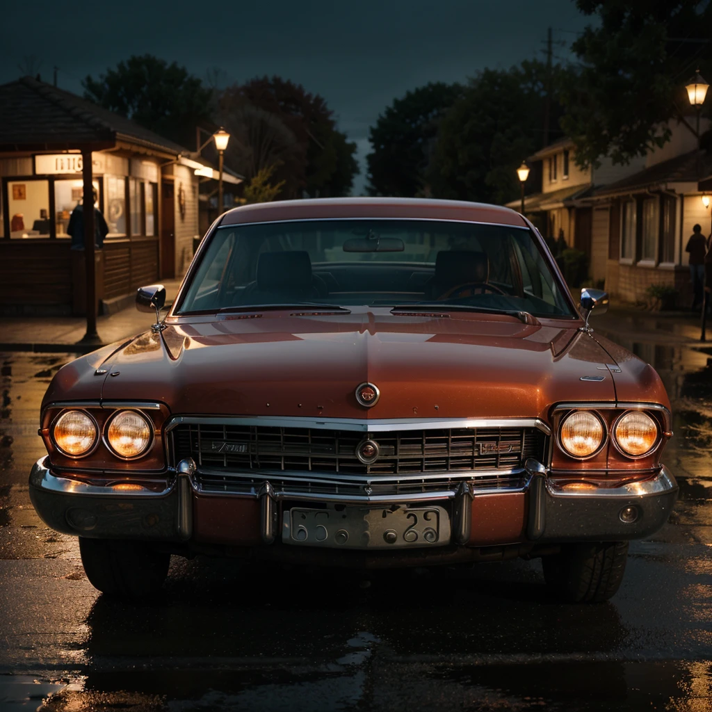 A stunning cinematic image of a classic Cadillac, with a glistening gradient of red, blue, and orange paint. The car is parked on a narrow, winding road, with raindrops still visible on the surface. there's a young man sits in the front of car, smoking a cigarette, his face clean-shaven and expression calm. The scene takes place on a chilly night, with an atmosphere of nostalgia and melancholy. The photo is captured in ultra-high-definition 32K, offering exceptional clarity and depth, transporting the viewer into this evocative moment., cinematic, photo