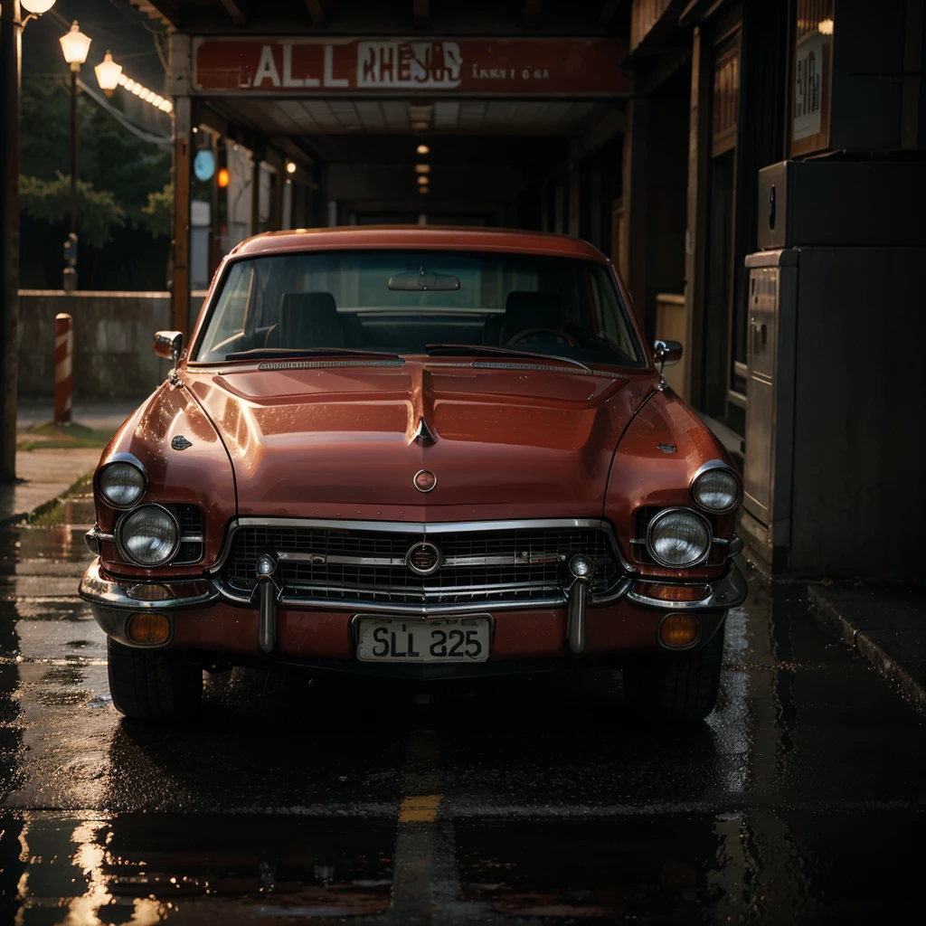 A stunning cinematic image of a classic Cadillac, with a glistening gradient of red, blue, and orange paint. The car is parked on a narrow, winding road, with raindrops still visible on the surface. there's a young man sits in the front of car, smoking a cigarette, his face clean-shaven and expression calm. The scene takes place on a chilly night, with an atmosphere of nostalgia and melancholy. The photo is captured in ultra-high-definition 32K, offering exceptional clarity and depth, transporting the viewer into this evocative moment., cinematic, photo