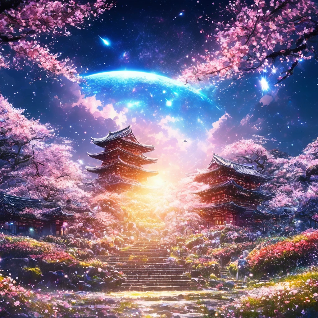 work of art, conceptual artwork, panorama, At the center, 人物, wide plan, flowers garden, natta, (Meteors), space galaxy background, (magnificent composition, Epic Proportions), dynamic lighting, shiny colors, Cherry blossoms,