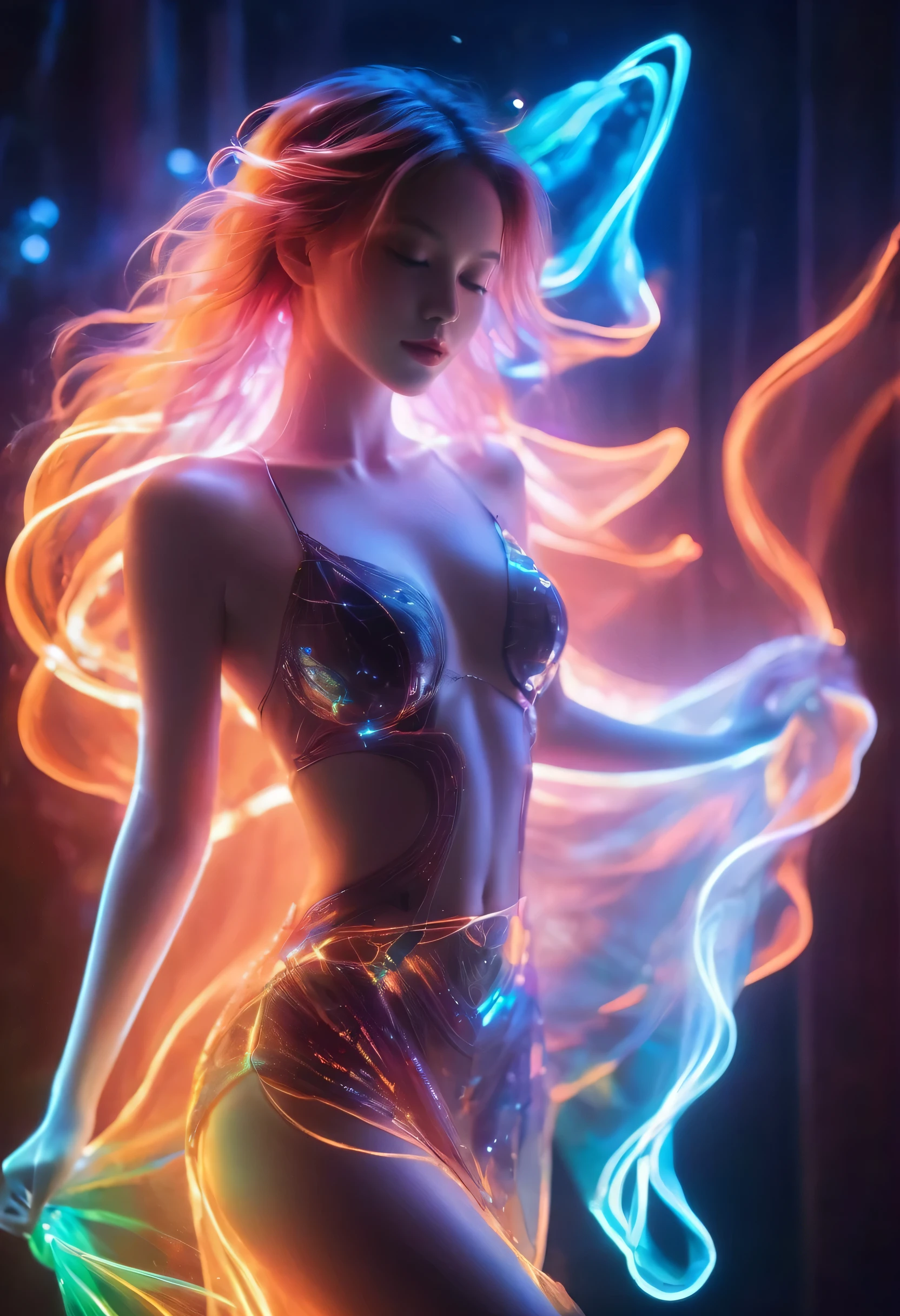 translucent luminous body,glow,bailing_model,1girl,pale skin,neon noir,long exposure,motion blur,1girl,(Glowing ambiance, enchanting radiance, luminous lighting, ethereal atmosphere, mesmerizing glow, evocative hues, captivating coloration, dramatic lighting, enchanting aura),