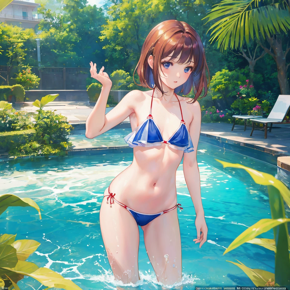 Masterpiece, Masterpiece, Highest quality, best quality, realistic, 8k wallpaper, official art, very detailed CG ความสามัคคี วอลล์เปเปอร์ 16k, (realistic: 1.4), Beautiful Girl,Wear a small, short bikini., Standing in the clear swimming pool water ,