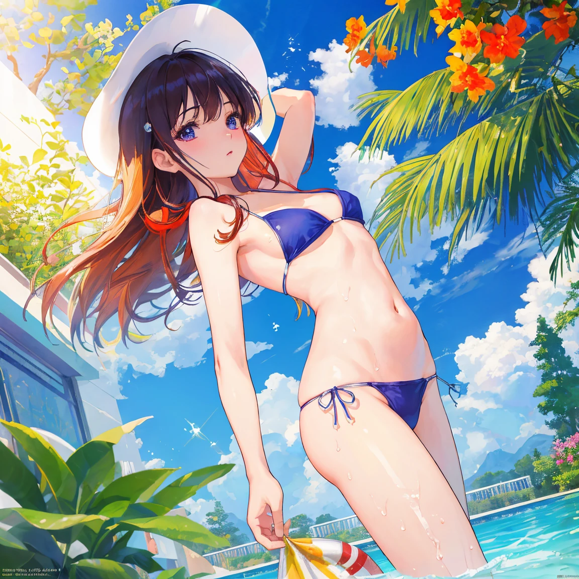 Masterpiece, Masterpiece, Highest quality, best quality, realistic, 8k wallpaper, official art, very detailed CG ความสามัคคี วอลล์เปเปอร์ 16k, (realistic: 1.4), Beautiful Girl,Wear a small, short bikini., Standing in the clear swimming pool water ,