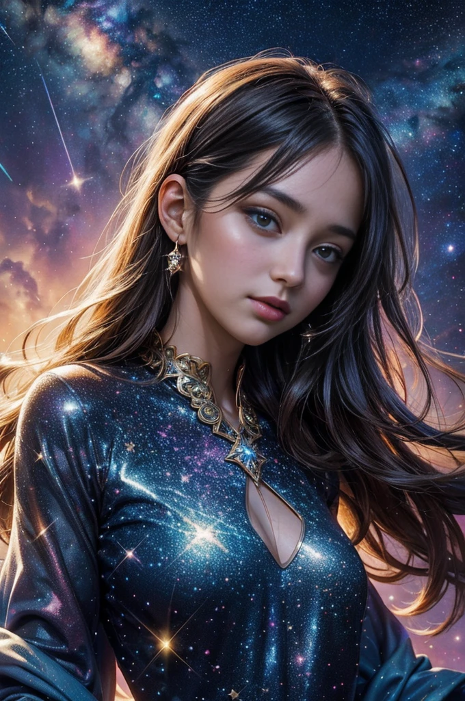 High detail, super detail, super high resolution, girl enjoying her time in the dream galaxy, surrounded by stars, warm light sprinkled on her, background is starry sky with colorful galaxies and galaxy clouds, stars flying around her, delicate face, adding playful atmosphere , 