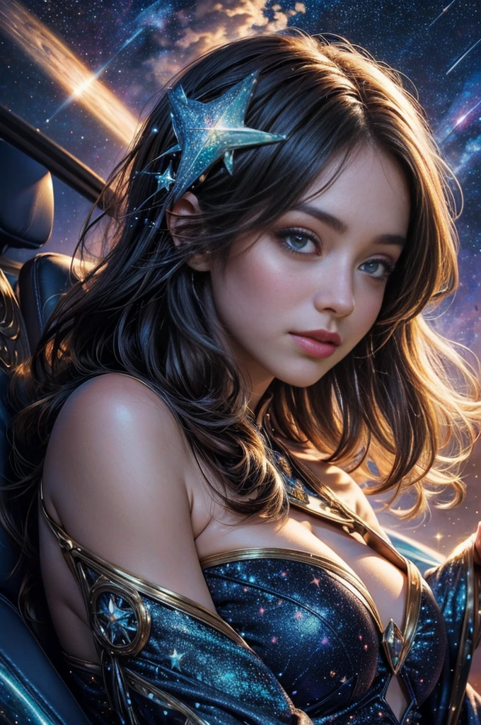 High detail, super detail, super high resolution, girl enjoying her time in the dream galaxy, surrounded by stars, warm light sprinkled on her, background is starry sky with colorful galaxies and galaxy clouds, stars flying around her, delicate face, adding playful atmosphere ,