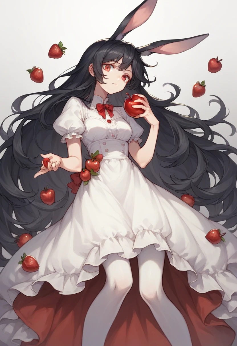1girl,animal ears,apple,black hair,cherry,dress,food,fruit,gradient,gradient background,grey background,holding food,holding fruit,long hair,pantyhose,rabbit ears,red apple,solo,strawberry,very long hair,white legwear