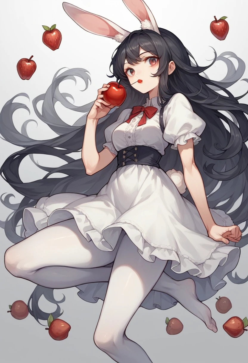 1girl,animal ears,apple,black hair,cherry,dress,food,fruit,gradient,gradient background,grey background,holding food,holding fruit,long hair,pantyhose,rabbit ears,red apple,solo,strawberry,very long hair,white legwear