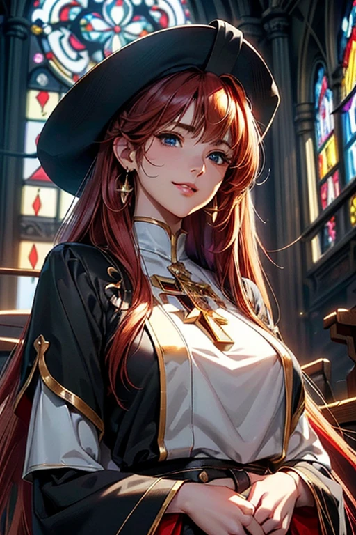 #Basics A girl is posing for a photo, animeのかわいい女の子, (((One Girl, Baby Face, Young girl, 16 years old))), 
BREAK 

#Clothing Accessories 
((Shiny(Black on white)clergy, clergy hat)), 
Gold Hoop Earrings, gold cross necklace,   
BREAK 

#Features 
(Red hair:1.4), (Shoulder-length horizontal hair), (Long Hair, Full and voluminous hair),  
(Droopy eyes, blue eyes), (Small breasts),  
BREAK 

#background environment 
((noon, Sunshine, church, Statue of Mary, Stained glass)), 
#Facial Expression Pose
((smile), (Relaxed standing pose)), 
#composition 
((Face the camera, Angle from below, Cowboy Shot)), 
BREAK 

#Body parts elements 
(Detailed hair, Beautiful Hair, Shiny髪), 
(double eyelid, Long eyelashes), 
(Expression of fine eyes, Beautiful and delicate eyes, Sparkling eyes, Eye Reflexes, Glitter Eyeliner), 
(Human Ear), 
(Beautiful Nose, Thin Nose), 
(Glossy lips, Beautiful Lips, Thick lips, Shiny唇, Natural Cheeks), 
(Detailed face, Symmetrical facial features), 
(Detailed skin, Textured skin, Beautiful Skin, Shiny肌 
BREAK 

#Quality 
(((Highest quality)), ((masterpiece)), ((Very detailed))), ((High resolution), (16K,1080P)), 
(Realistic), (Anatomically correct), 
((comics, anime)), (3DCG), CG illustration,
