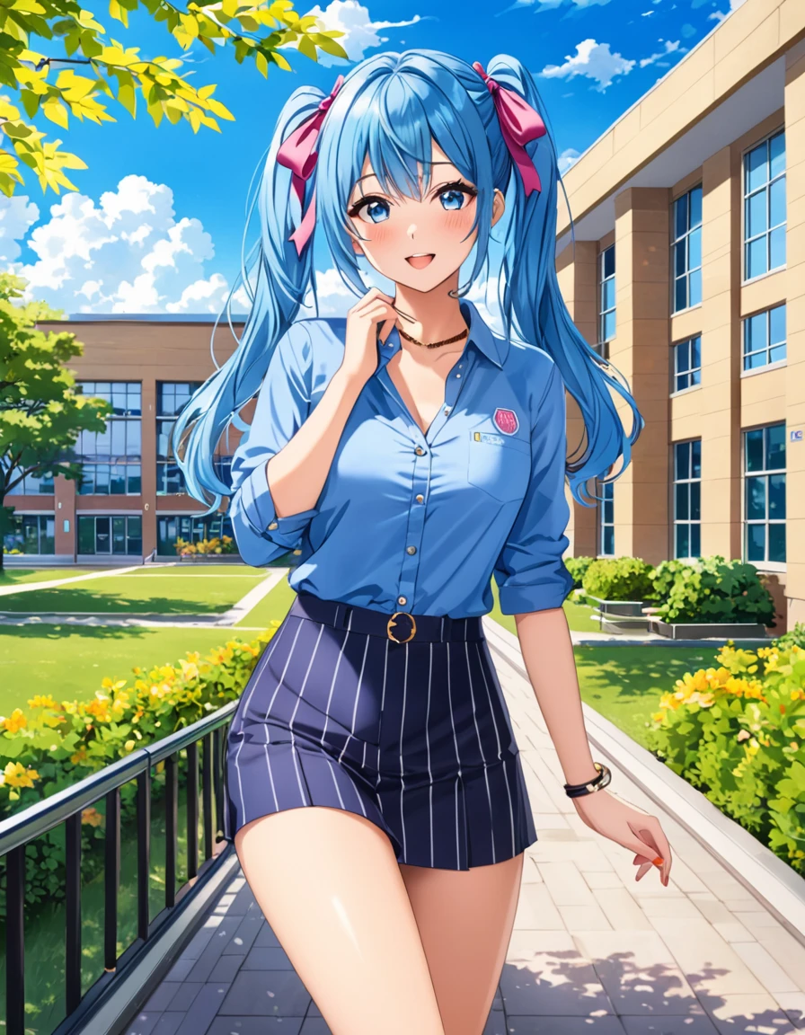 Masterpiece, The best quality, vivid colors, A beautiful 25 year old university student, angelic face, a mole on the face, tremendously provocative body, Casual clothes, twin tails, (yellow hair:1.1) (black hair:0.9), Blue eyes, wide, playful pose, the background is a university campus
