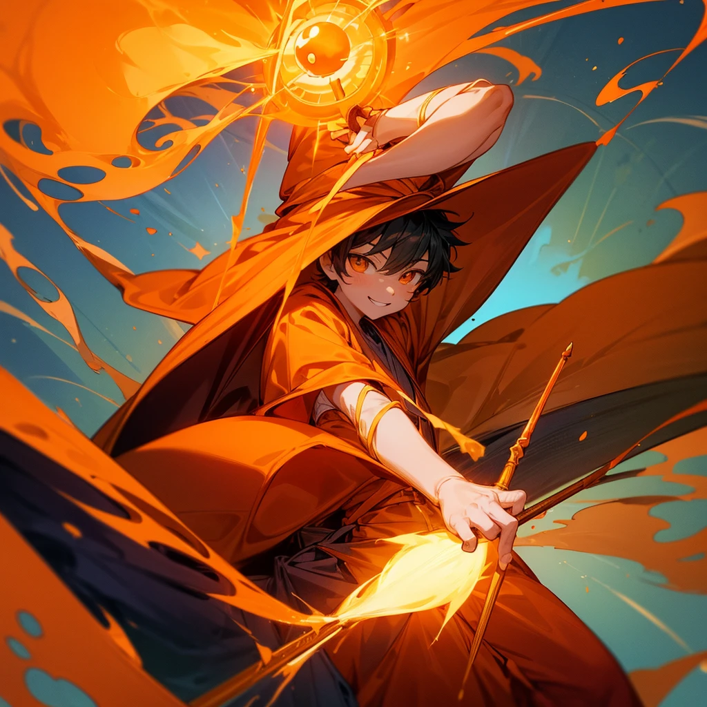Create a 10 year old boy named Sun who has an orange wizard hat an orange cloak a very cute smile a very cute young face and a sun god staff who has the power to completely dominate fire and has an orange greavat and showing fingers crossed while having a blast behind