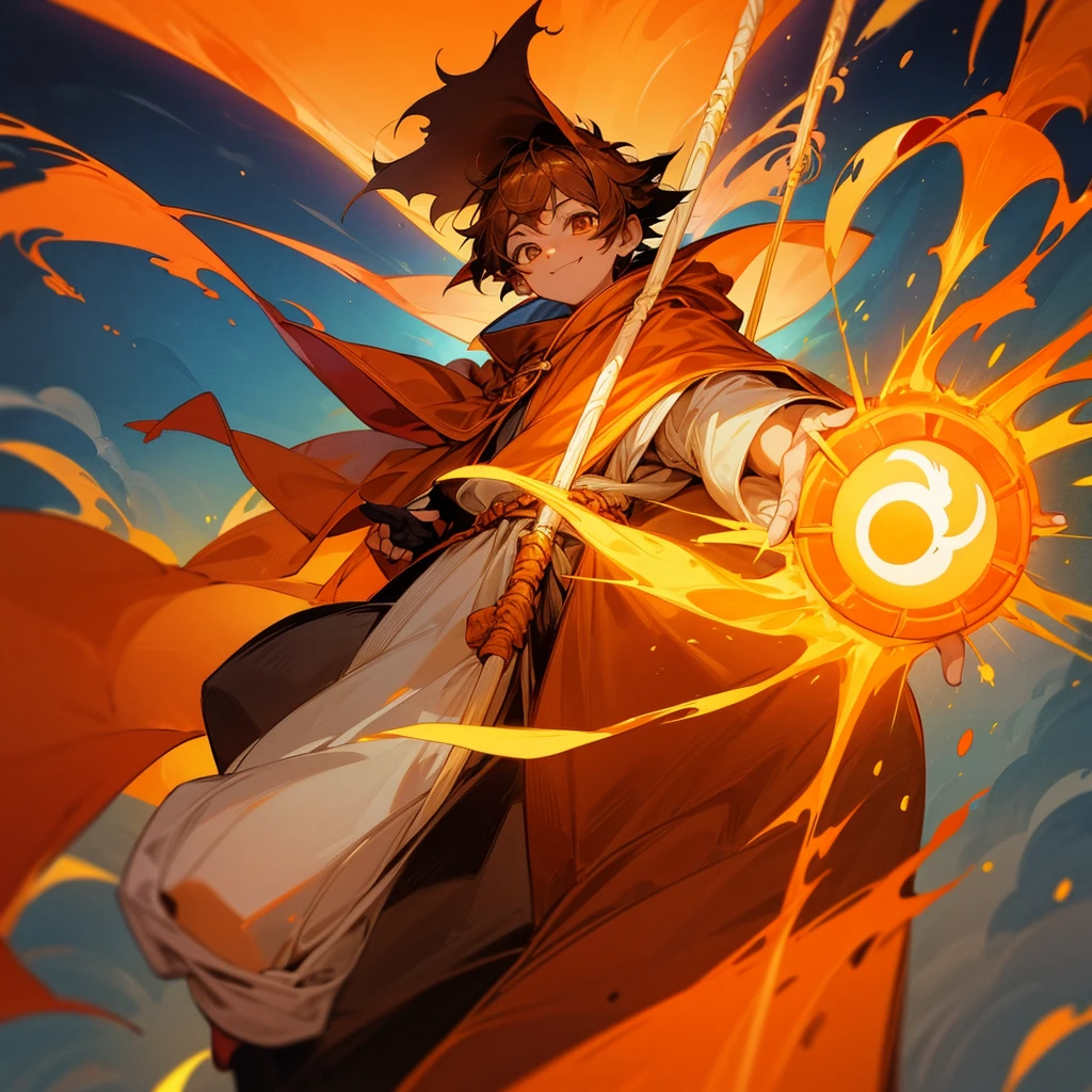 Create a 10 year old boy named Sun who has an orange wizard hat an orange cloak a very cute smile a very cute young face and a sun god staff who has the power to completely dominate fire and has an orange greavat and showing fingers crossed while having a blast behind