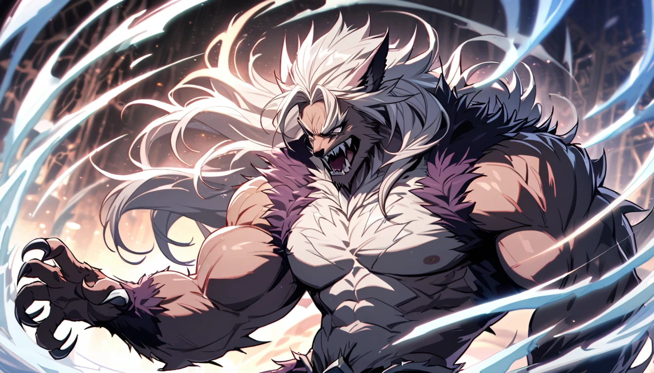 Handsome, a werewolf demon with sharp claws, single, 1 male, long, white hair, purple eyes, enormous power swirling like ice mixed with wind. A formidable, ferocious, muscular and powerful beast. half wolf human