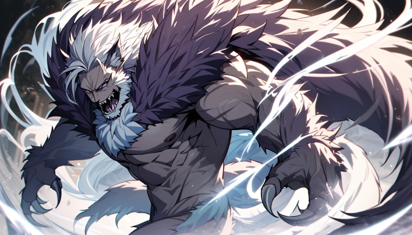 Handsome, a werewolf demon with sharp claws, single, 1 male, long, white hair, purple eyes, enormous power swirling like ice mixed with wind. A formidable, ferocious, muscular and powerful beast. half wolf human
