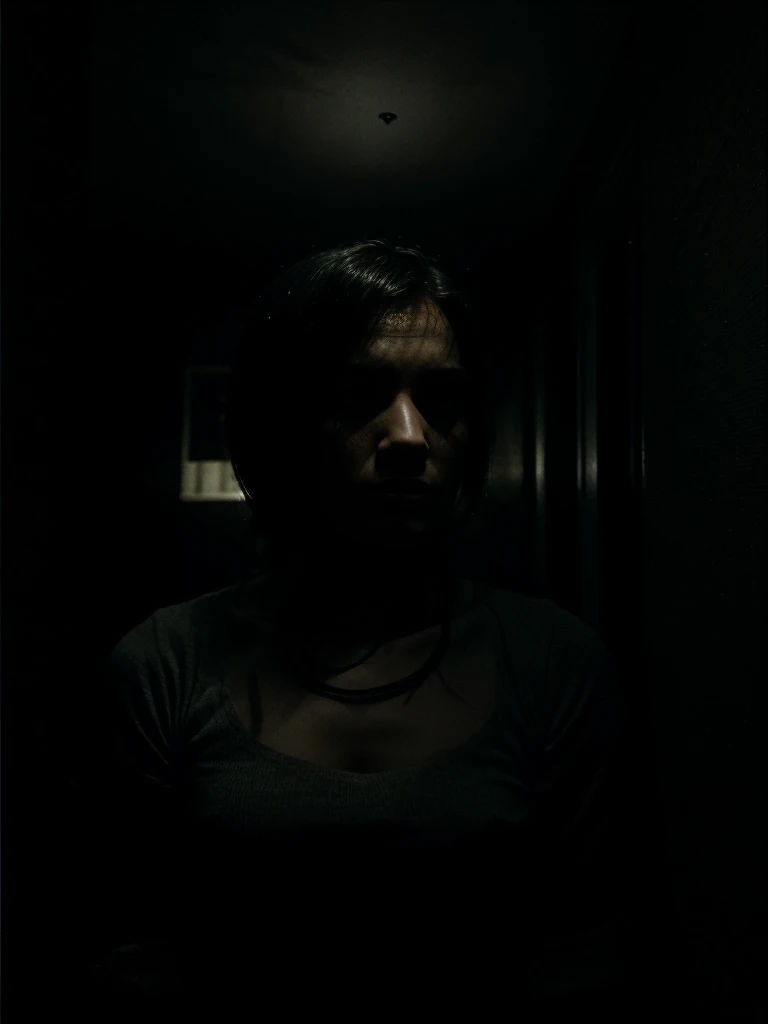 Very dark room, sad, gloomy, dramatic lighting