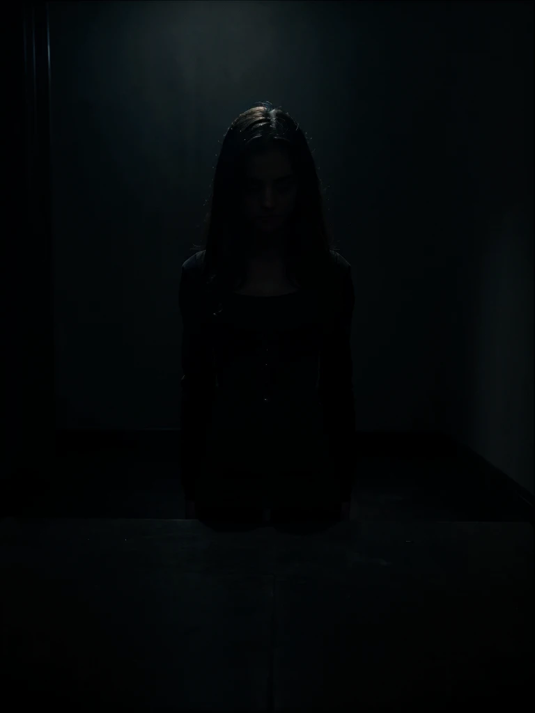 Very dark room, sad, gloomy, dramatic lighting