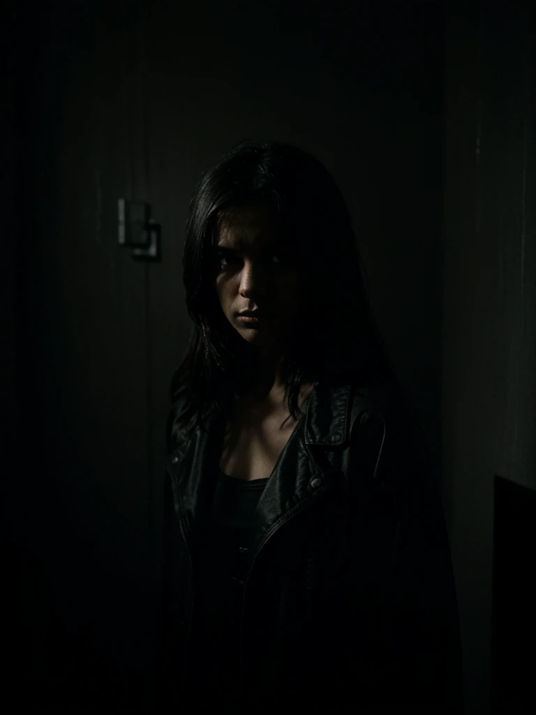Very dark room, sad, gloomy, dramatic lighting