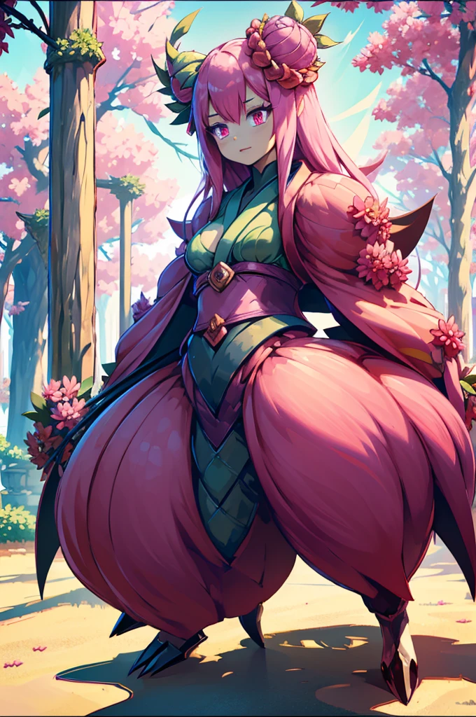 masterpiece, best quality, extremely detailed, アニメ, {{plant thorny shrub around her}}, monster girl, mandrake, flower girl, {{fusion of cherry blossom and girl, }}, {{{{lower body united with flower }},, Cherry-blossom color hair, crimson eyes, hair so long it reaches the ground, pink kimono, Office,prostitute, different world, Weapons Japanese Sword, The Wizard of Cherry 、Traptrix、The lower half of the body is embedded in the flower,Florabeast,plant girl