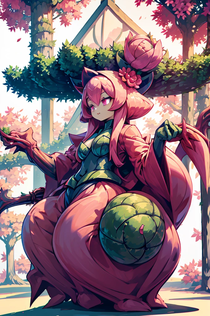 masterpiece, best quality, extremely detailed, anime, {{plant thorny shrub around her}}, monster girl, alraune,{huge flowers on head}, underbody into cherry blossom flower, {{fusion of cherry blossom and girl, }}, Cherry-blossom color hair, crimson eyes, hair so long it reaches the ground, pink kimono, Viran,prostitute, different world, Weapons Japanese Sword, The Wizard of Cherry 、,Florabeast,plant girl