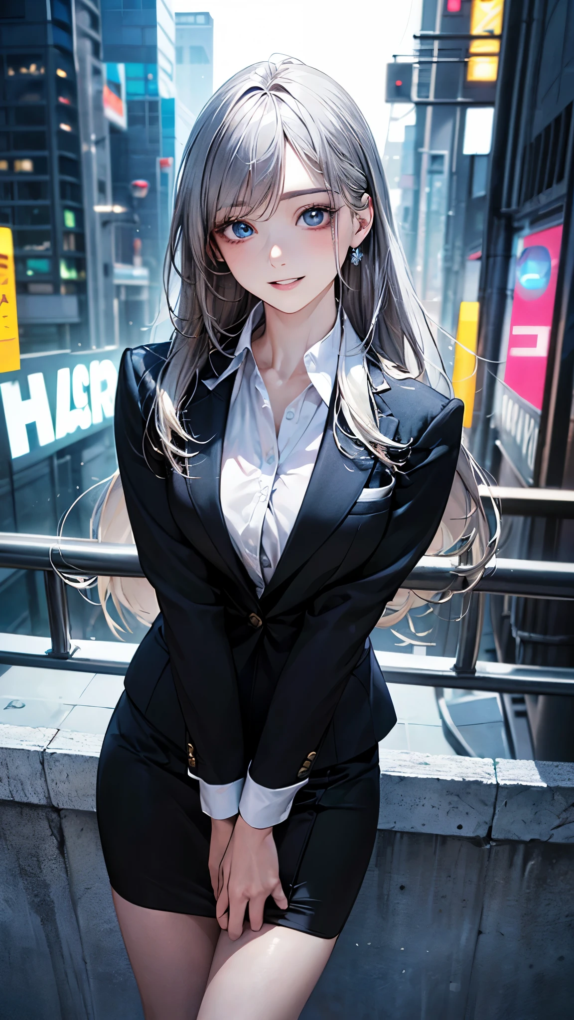 (masterpiece:1.2, top-quality), (realistic, photorealistic:1.4), beautiful illustration, (natural side lighting, movie lighting), nsfw,
looking at viewer, 1 girl, university student, perfect face, cute and symmetrical face, shiny skin,
(long hair:1.2, half updo:1.5, sideburns:1.8, silver hair), asymmetrical bangs, blue eyes, drooping eyes:1.5, big eyes:1.5, long eye lasher, (medium breasts, thin thighs), slender,
beautiful detailed hair, beautiful detailed face, beautiful detailed eyes, beautiful clavicle, beautiful body, beautiful chest, beautiful thigh, beautiful legs, beautiful fingers,
detailed cloth texture, black business suit jacket, white collared shirts, black tight skirt, high heels,
(beautiful scenery), night, (neon city), standing, hands between legs, (lovely smile, upper eyes, parted lips),