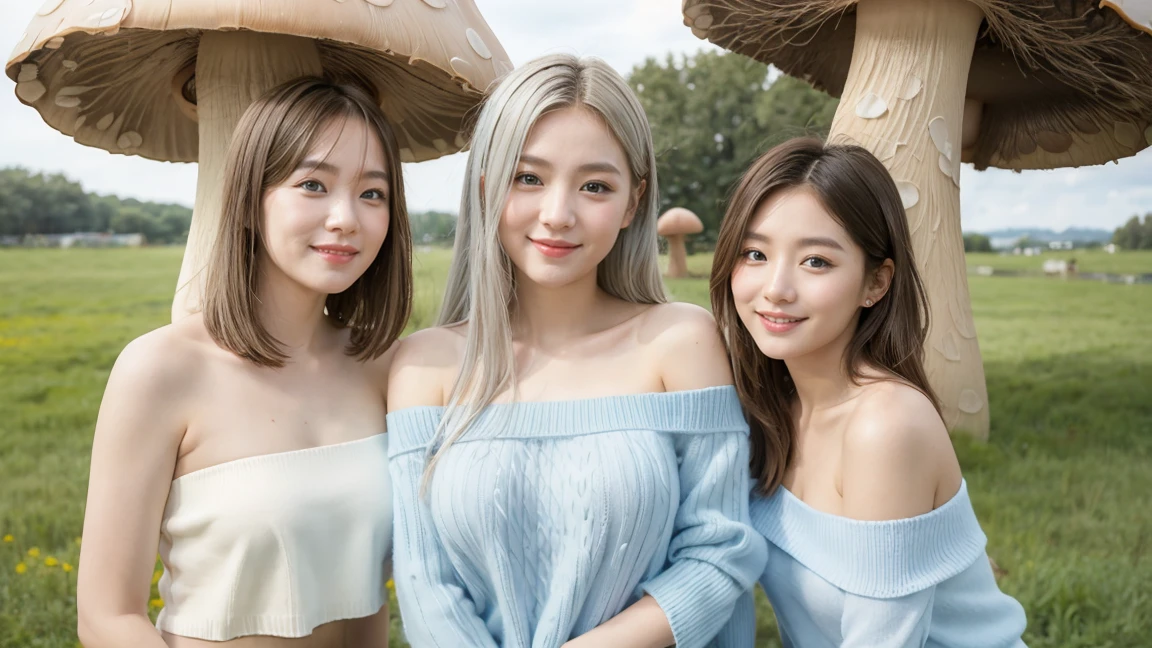 (3 girls) Young faceอินโดนีเซีย, 12 years,smile,Silver hair, white skin, Round breast, blue eyes,(( Strapless sweater))Masterpiece, Highest quality, 8K, beautiful girl, Young face、 photography, Cute face, thigh,In the meadow, Embarrassing、รอยsmile、((((((อายุ 12 years))))))、small waist、 ((Busty breasts))
