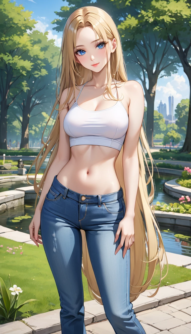 ((best quality, masterpiece:1.3, 8K)), (detailed), highly detailed face and skin texture, detailed eyes, (seductive pose:1.1), park, pond, full body, (slender body:1.1), 1girl, 25 years old, white skin, blue eyes, bright lips, seductive smile, blonde hair, straight hair, very long hair, (forehead:1.0), bright colored clothes, white croptop, medium breast, hard nipples, navel, jeans pants, flares jeans, sky blue jeans, black heels,