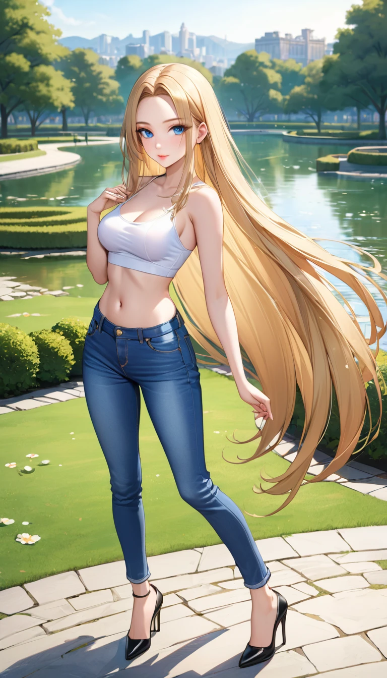 ((best quality, masterpiece:1.3, 8K)), (detailed), highly detailed face and skin texture, detailed eyes, (seductive pose:1.1), park, pond, full body, (slender body:1.1), 1girl, 25 years old, white skin, blue eyes, bright lips, seductive smile, blonde hair, straight hair, very long hair, (forehead:1.0), bright colored clothes, white croptop, medium breast, hard nipples, navel, jeans pants, flares jeans, sky blue jeans, black heels,