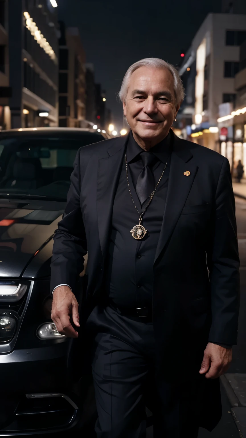 a corrupt elderly pot-bellied male politician with an evil smile,full of money in front of a luxury