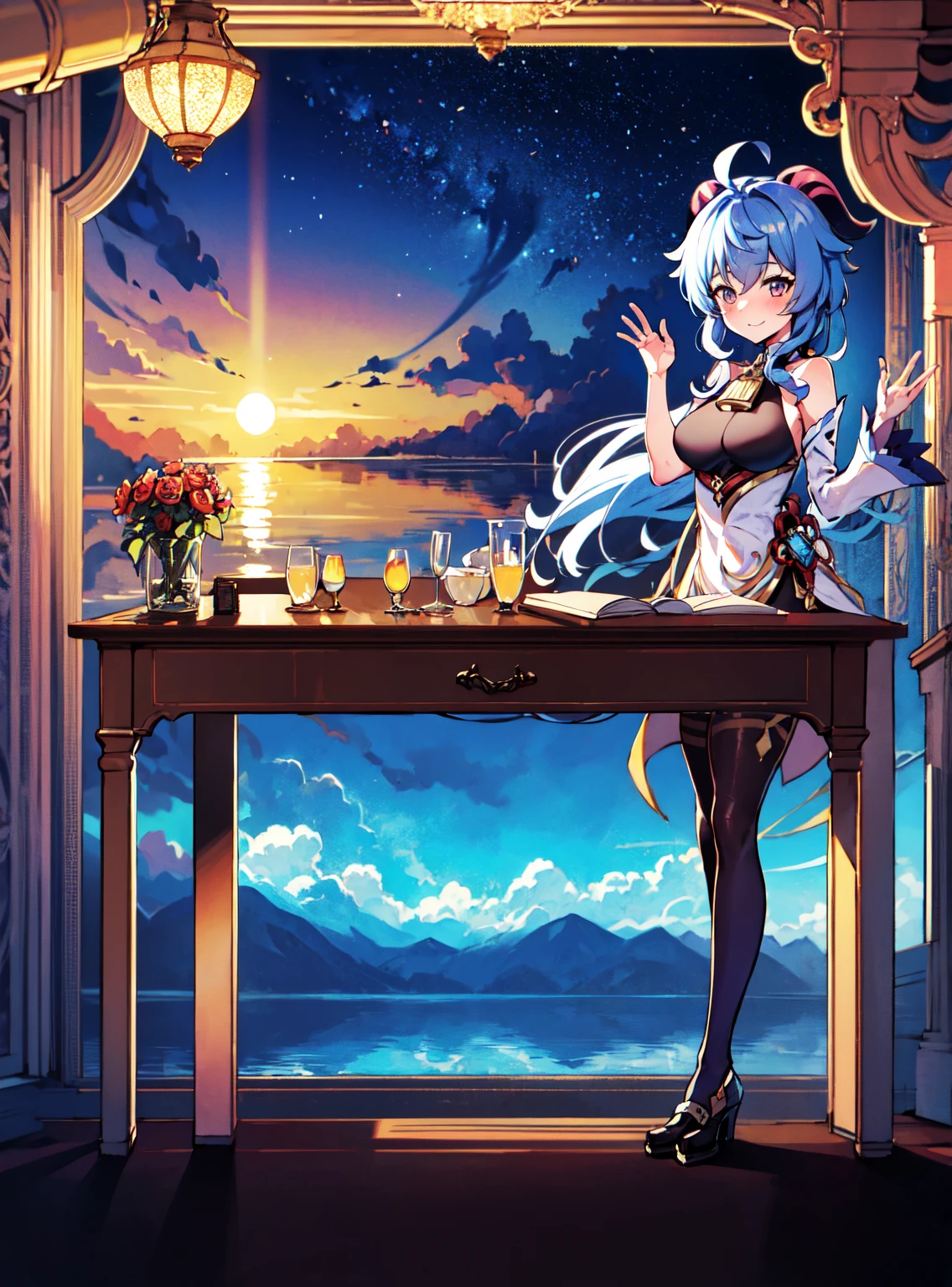 Very detailed,Pieces fly, Highest quality, Anime Images, Anime style etc.., Hired \(Genshin Impact\), Sit at the table, View from above, smile, 1 Girl, Twin Horn, ticker,Fits your body type, I can see the pussy , blush, Colorful pastel fantasy,Sexy pose,Very detailed background,Nice views,Beautiful and beautiful scenery,((Very detailed landscape)),Incredibly high quality,Night Sky